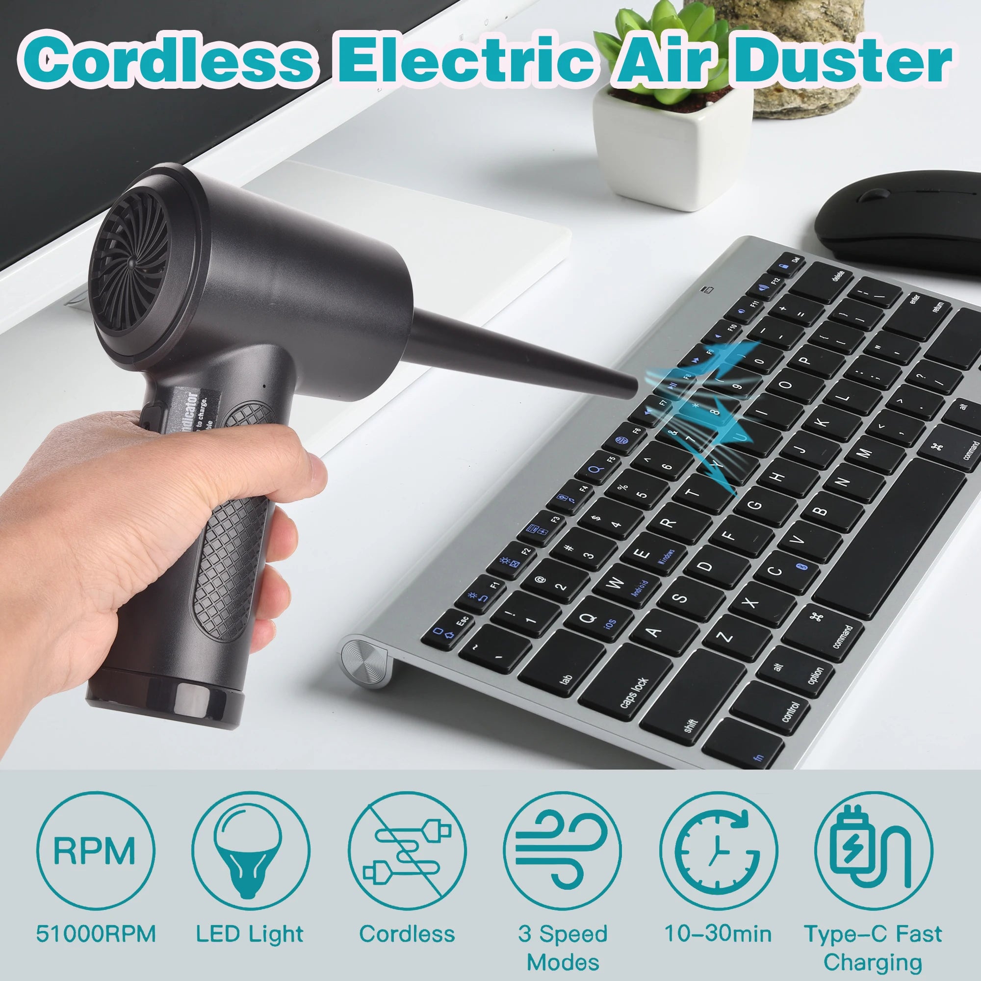 Cordless Air Duster – 51000RPM, LED Light, 4000mAh Battery | USB-C Rechargeable Cleaner - Shantechs
