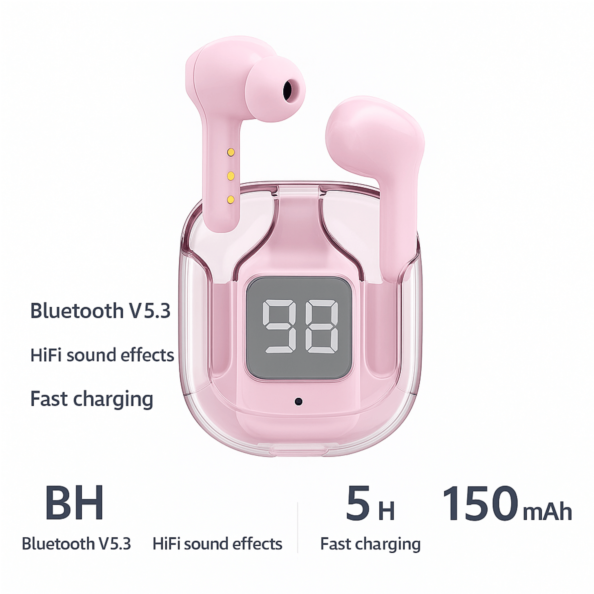 T2 Transparent Bluetooth & Wireless Earbuds – HiFi Sound & LED Display - Shantechs