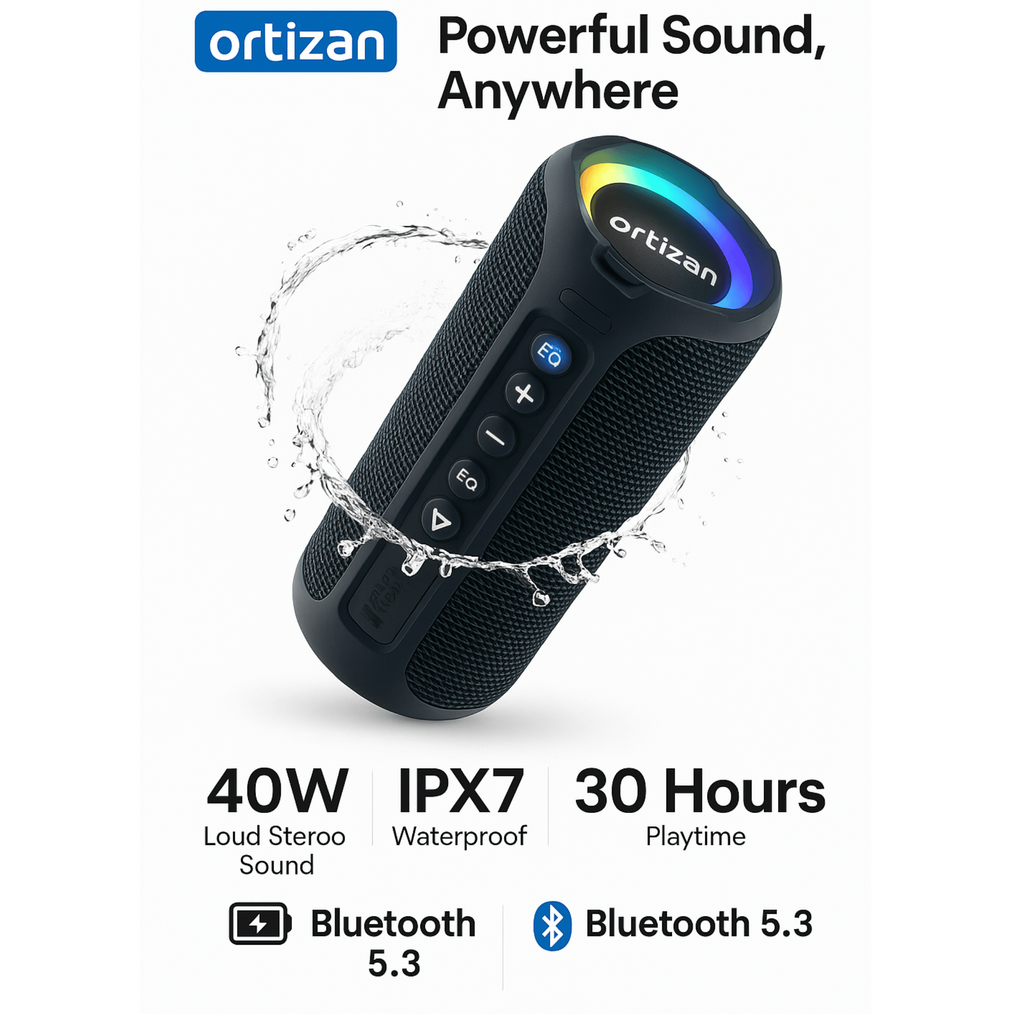 Ortizan 40W Bluetooth Speaker – Waterproof, Portable, 30H Playtime, Enhanced Bass